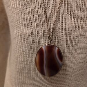 Vintage Brown Agate Pendant Goldtone Wire Wrapped W Chain
